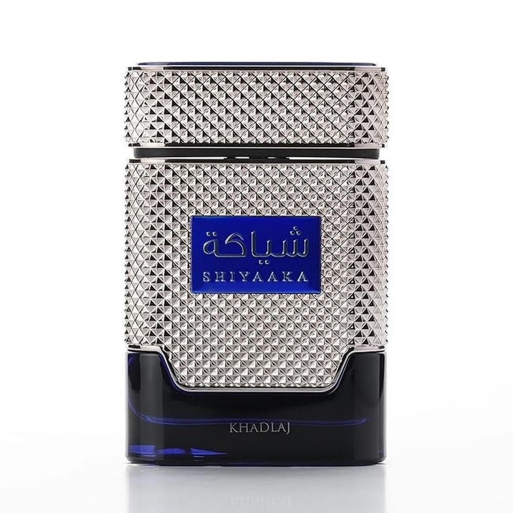 Perfume bottle with diamond pattern and blue label on a white background